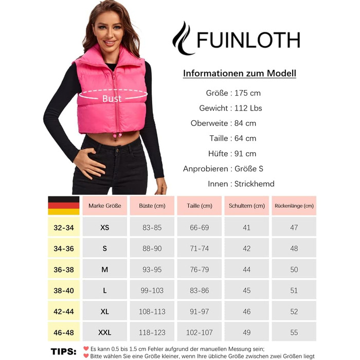 Жіноча степна жилетка Kurz Daen Weste з коротким коміром, тепла зимова жилетка, обтисла жилетка на блискавці, перехідна жилетка (34-36, Рожево-червоний)