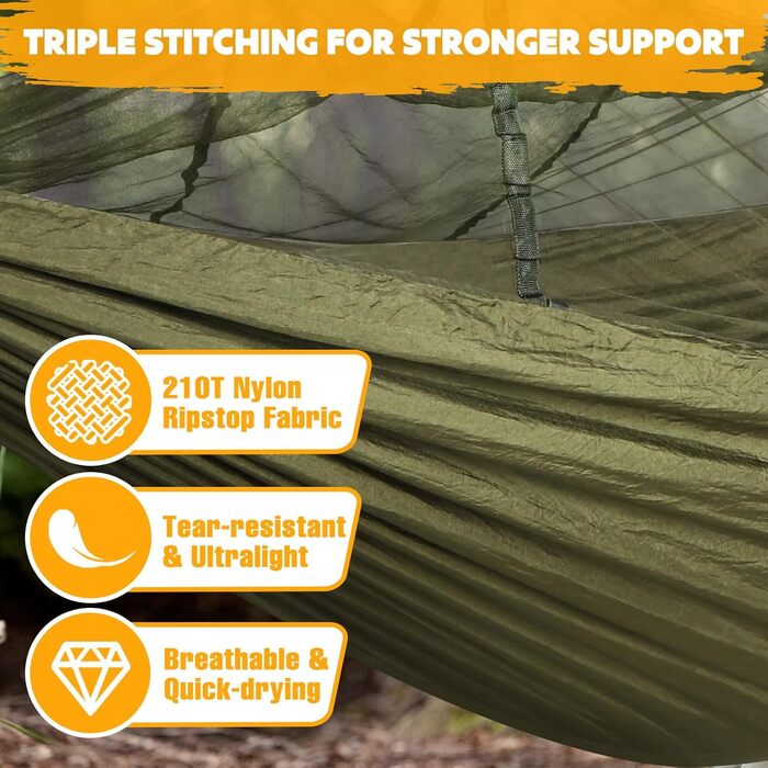 Гамак-москітна сітка NATUREFUN, 300 кг, 275x140 см, армійний зелений