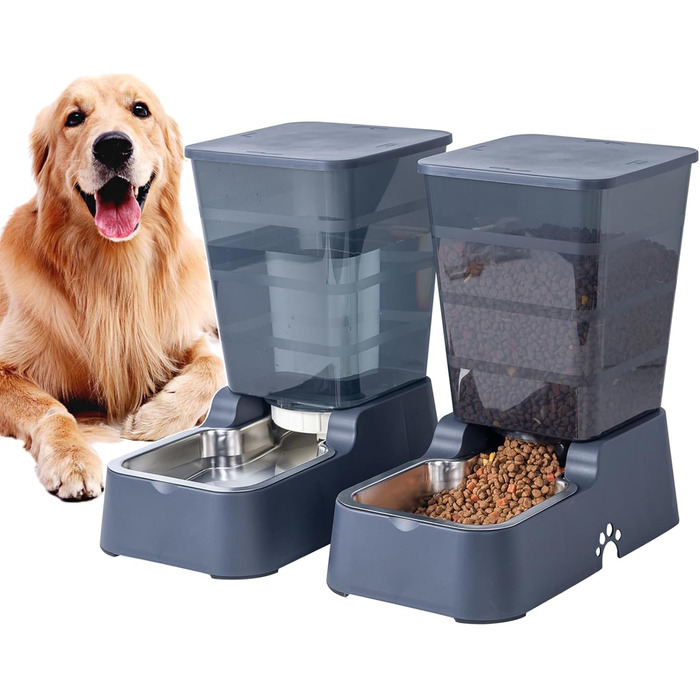 5L Automatic Pet Feeder & Waterer - Dog & Cat Food & Water Dispenser Set (Dark Gray)