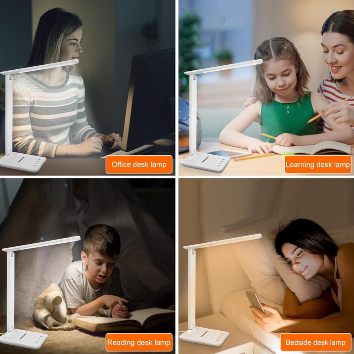 Стійка лампа Jumoking LED з регулюванням яскравості та захистом очей, USB-порт, сенсорне керування, 5 кольорів та 5 рівнів яскравості, для дітей, спальні, читання, офісу (біла)