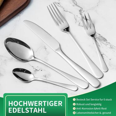 LAZAHOME Cutlery Set, Stainless Steel Mirror Polished 30-Piece Cutlery Set for 6 People, Dining Cutlery Set with Knife Fork Spoon for Family/Party/Hotel/Restaurant, Silver Table Cutlery, Dishwasher Safe Silver 30 Pieces
