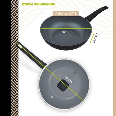 Набір сковорідок Be Living Delight 4 шт. (20/24/28 см + Вок 28 см з кришкою), антипригарне покриття з кераміки, для індукційних плит, без PTFE та PFOA, чорний