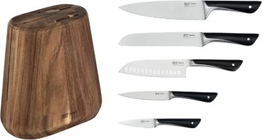 Набір ножів кухонних Jamie Oliver by Tefal (5 предметів) + блок: шеф-ніж, сантоку, для хліба, універсальний, овочечистка. Німецька сталь, акація, коричневий K267S556