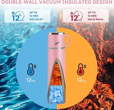 Термос IAGORYUE з нержавіючої сталі, 0.55л, з ізоляцією та кришкою без витоку, з ручкою. Подвійні стінки, зберігає температуру 12 годин. Для спорту, офісу, відпочинку на природі (Рожевий)
