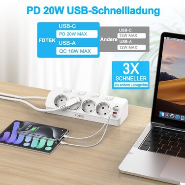 Мережевий адаптер PD 20W з плоским штеплером, розетка FDTEK на 4 слоти з індивідуальним вимикачем, 4000W, 16A, USB-C, розетка для столу з вимикачем, настільна розетка з кабелем 2м (білий)