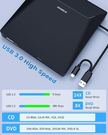Зовнішній DVD-накопичувач ORIGBELIE з RJ45 Ethernet-адаптером та USB 3.0 хабом (3 USB, 2 TF/SD), зовнішній CD-записувач для ноутбука, MacBook, PC Windows, Linux, Mac OS, з сумкою для перенесення