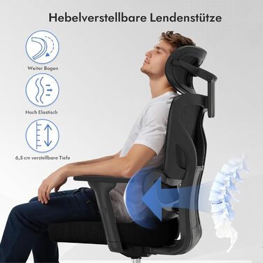 Ергономічне крісло для офісу та геймінгу з регульованою підголівником та 3D підлокітниками, підтримкою попереку, чорне