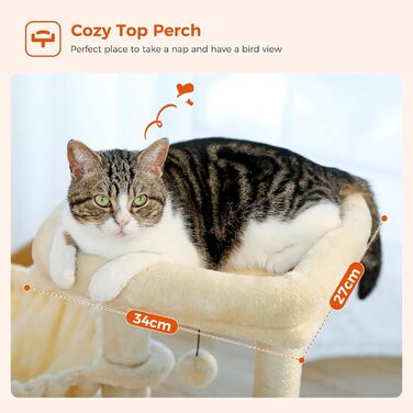 PAWZ Road Дерев'яний кігтеточки для котів, кігтеточка-вежа 73см з гамаком, кігтеточки з сизалю, інтерактивна іграшка-м'ячик, бежевий колір