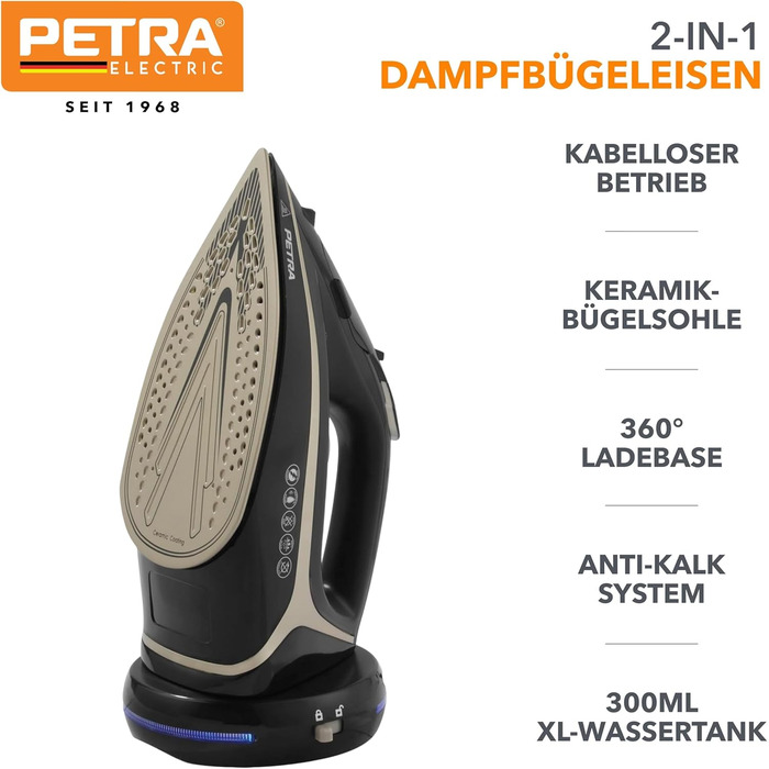Праска відпарювач Petra PF0987VDEEU7 2-в-1 бездротова - праска без кабелю з керамічною підошвою, 2600W ручна праска з паровим струменем 140г та розпилювачем води, резервуар 300мл, захист від накипу/крапель