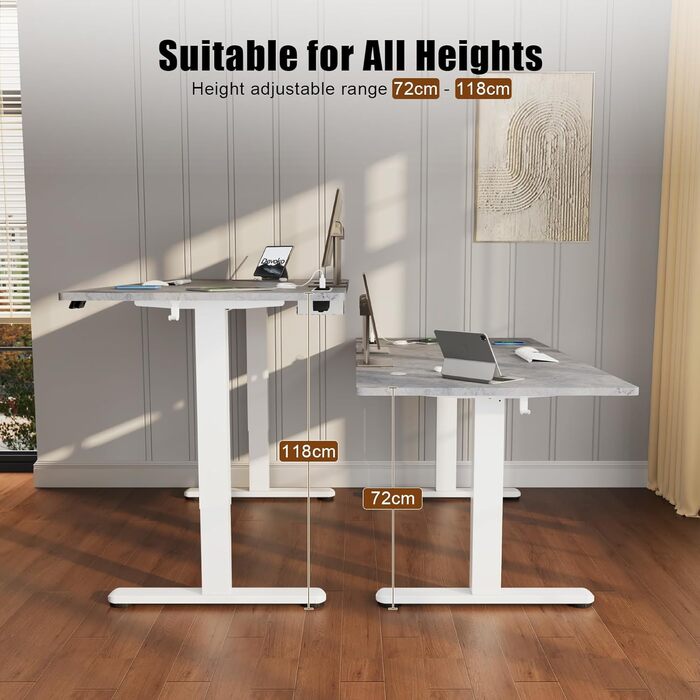 Devoko Adjustable Standing Desk, Electric Standing Desk with Wireless Charger, Memory Control, 3 USB Ports, 360° Swivel Wheels (Gray & White, 140 x 70 cm)