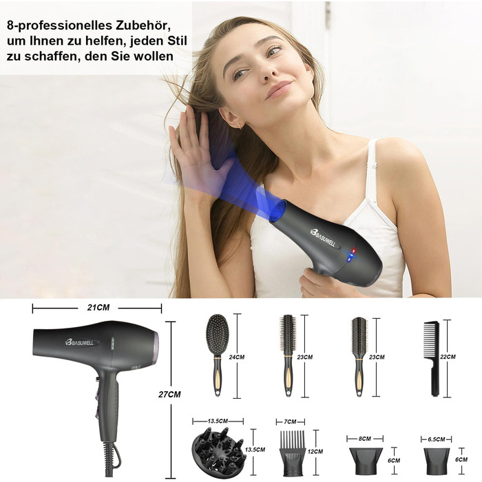 Фен Basuwell Ionen Pro 2100W: Професійний фен для салону краси з іонізацією, 3 режими нагріву, 2 швидкості, насадка-дифузор, AC-двигун, чорний