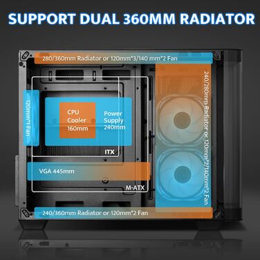 darkFlash ATX корпус для ігрового ПК з 4 ARGB вентиляторами, скло для повного огляду, 2 камери, Type-C, підтримка 2 AIO 360мм, чорний (DPW90)