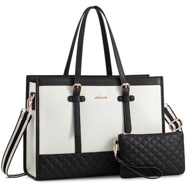 Сумка для ноутбука LOVEVOOK жіноча, сумка-шопер для роботи, університету, офісу, 17.3 дюйми (чорно-біла)