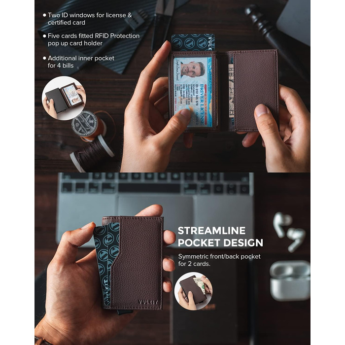 Кредитне портмоне VULKIT з двома вікнами для ID, RFID-захистом, автоматичний підйом, з натуральної шкіри, для карток та грошей (Коричневий)