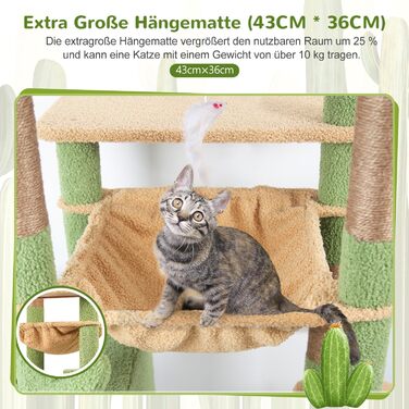 Драбина-кіготь Globlazer Kaktus (178 см) для котів: велика, з гамаком, будиночком, платформами, рампою з сизалю, стабільна для 2-4 котів (F70 Pro, зелена) XXL