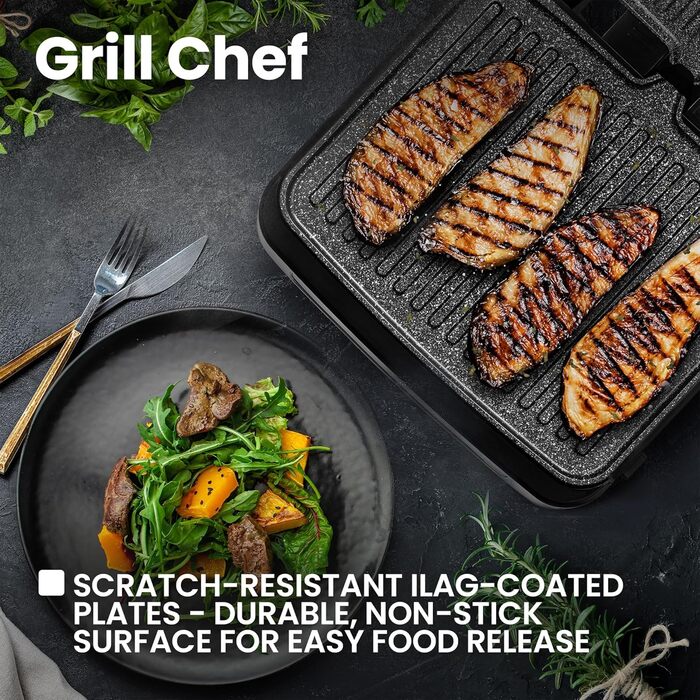 Grill Chef Electric Contact Grill and Sandwich Toaster 2100W, Removable Heating Plates, 2in1, 180° Foldable, Non-Stick Coating, Drip Tray, Acoustic Notifications (SILVER)