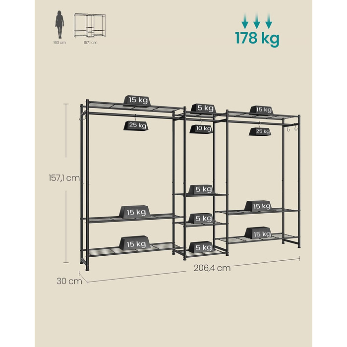 SONGMICS Стійка для одягу, відкритий шафа, вішалка для одягу з 10 полицями, 3 перекладинами, 4 гачками, металевий каркас, для спальні, вітальні, передпокою, чорний LGR011BZ01 206,4B см