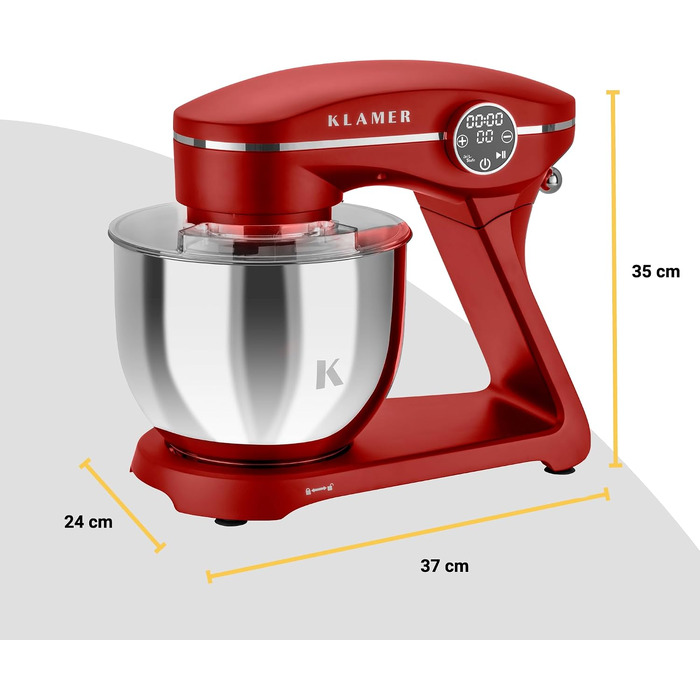 Кухонний комбайн-міксер KLAMER 1800W, планетарний міксер для тіста з чашею з нержавіючої сталі 6л, червоний