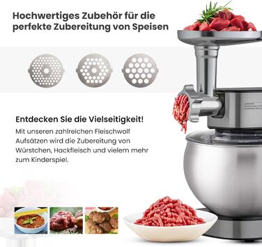 KB-ELEMENTS 3-in-1 Kitchen Machine 2500W, 8.5L, Meat Grinder, Dough Kneader, Food Processor, Mixer, Stand Mixer, Stainless Steel Kitchen Machine, 7L Stainless Steel Bowl, Multifunctional