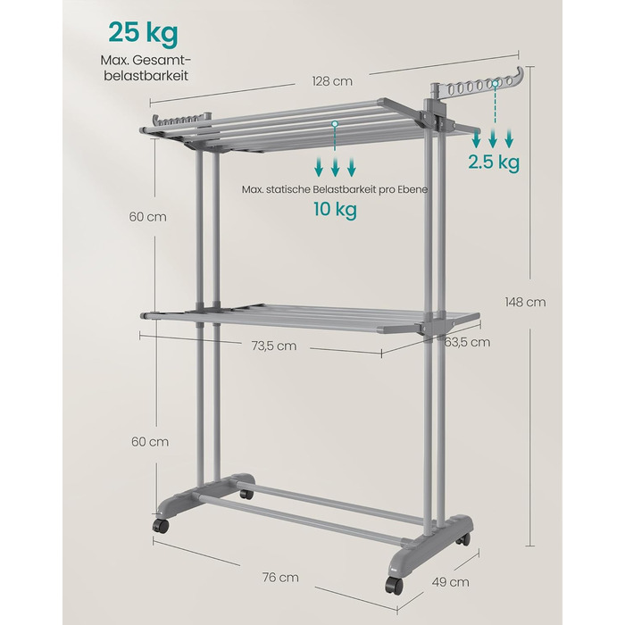 Сушарка для білизни SONGMICS BUNJI LLR704G01: розсувна, 4 яруси, з колесами та складаними крилами, велика, сіра (63.5 x 131-200 x 177.5 см)