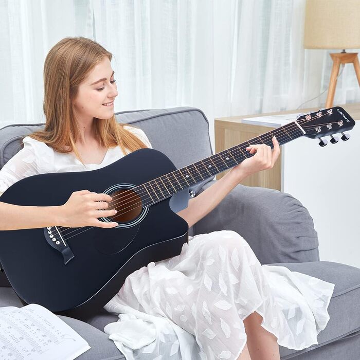 Акустична гітара Lankro 38 дюймів для початківців: чорна гітара Westerngitarre з кейсом, підставкою, медіатором, тюнером, набором струн та інструкцією