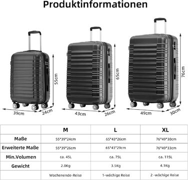 Набір валіз Beibye Zwillingsrollen - 3 шт. (M, L, XL), чорний, жорсткий корпус
