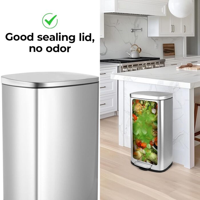Відро для сміття LIFERUN 30л з кришкою, з м'яким закриттям, сталеве, з внутрішнім відром, для кухні, ванної кімнати, офісу
