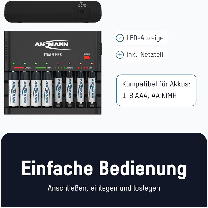 Інтелектуальний зарядний пристрій Powerline 8 для акумуляторів AA/AAA з LED-дисплеєм, дефекторозпізнаванням та захистом від перезаряду