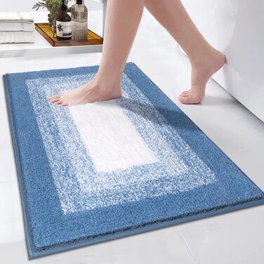 Super Soft Microfiber Bath Mat - Absorbent Non-Slip Bathroom Rug - Washable Shower Mat - 60x90cm Blue