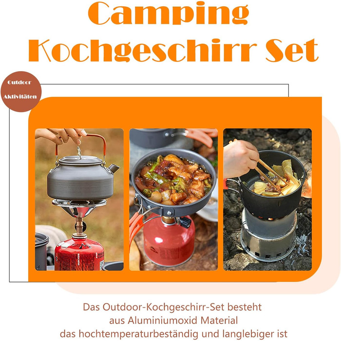Набір кухонного посуду для кемпінгу, 10 предметів. Набір посуду для приготування їжі на відкритому повітрі, для 2-4 осіб. Плита, сковорода, чайник для пікніків, BBQ та походів