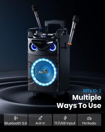 Moukey MK3016 – Караоке система з вокером 26см та твітером 8см, 2 мікрофони, Bluetooth, світлові ефекти, AUX/USB/TF/FM, TWS