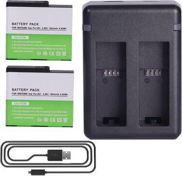 2 батареї Insta360 2800mAh з зарядним пристроєм USB-C, сумісні з Insta360 Action Camera, включаючи Micro SD картки (ACE)