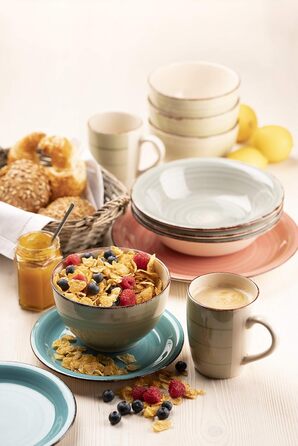 MÄSER 931495 Bel Tempo II, 12-piece tableware set for 6 people with a modern vintage look, hand-painted, pink, stoneware.