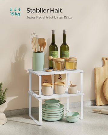 SONGMICS Spice Rack, 4-Piece Set, Kitchen Shelf, Kitchen Organizer, Expandable, Spice Holder, Stackable, with Metal Frame, 19.5 x 29.7 x 15.8 cm, Ink Black-Natural Beige KCS10NB (Cloud White + Snow White, 29.7B cm)