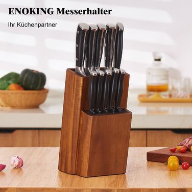 ENOKING Knife Block without Knives, Acacia Wood Knife Block, Knife Holder with Removable Plastic Bristles, Universal Wooden Knife Block for the Kitchen Counter