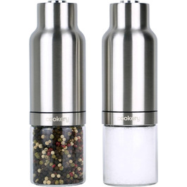 Електричний набір для солі та перцю з нержавіючої сталі з керамічним жорном. Набір для спецій: мельниця для перцю, солянка, мельниця для солі. Сріблястий колір, скляний.