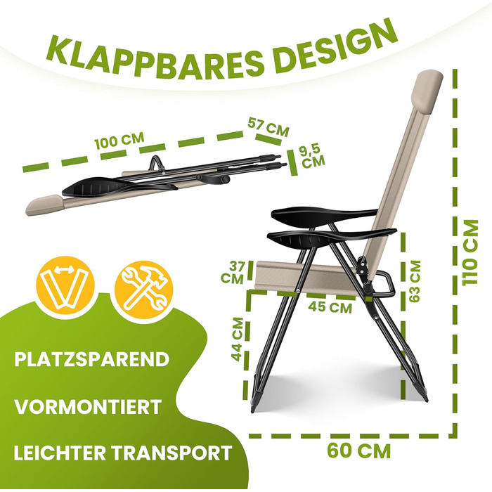 Крісла садові KESSER® 2 шт. з високою спинкою, розкладні, алюмінієві, 7 положень, з підлокітниками, дихаючі, для балкону, тераси, кемпінгу