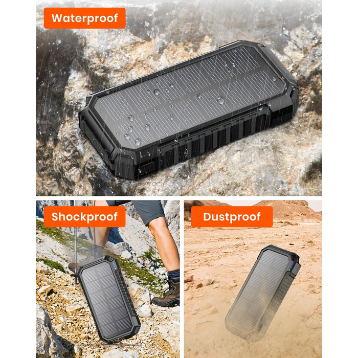 Powerbank Riapow сонячний бездротовий 26800mAh: акумулятор з USB-C, LED-ліхтарик для смартфона, планшета, кемпінгу (чорний)