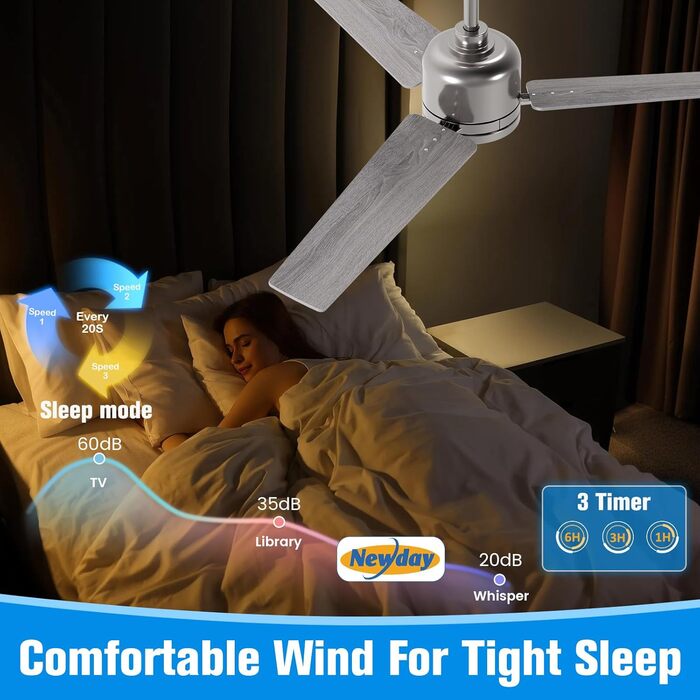 Стеляний вентилятор Newday з дерева білого кольору, 122 см з підсвіткою та пультом керування. Тихий вентилятор на стелю з лампою, регульована яскравість, DC мотор, реверсивний режим для спальні та вітальні (122-silber-holz)