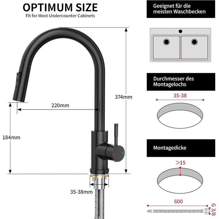 Чорний кухонний змішувач Rainsworth з висувною лійкою та душем, високий (56 см), з двома типами струменя, 360° оберт, з нержавіючої сталі, проста установка