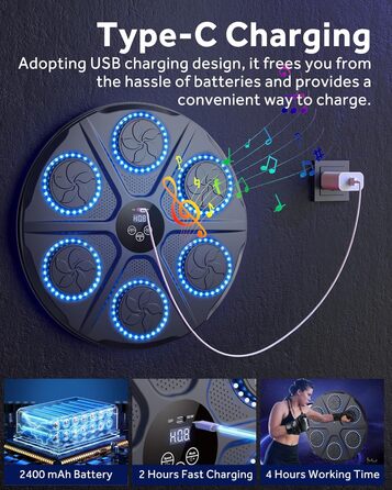 Музична бокс-машина YORRAKA для дорослих з LED-підсвіткою та Bluetooth - бокс-тренажер з 12 режимів швидкості та підрахунку ударів