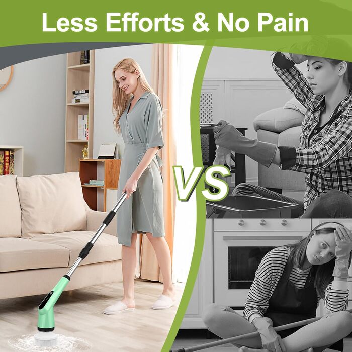 Електрична щітка для прибирання з 7 насадок, водонепроникна IPX7, регульована ручка, для ванної, кухні, підлоги, авто (білий/зелений)