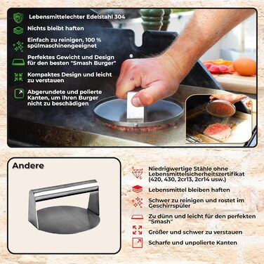 Набір для приготування Smash Burger: прес для гамбургерів, дзвоник та шпатель з нержавіючої сталі 304. Гарантія 10 років. Для контакту з харчовими продуктами.