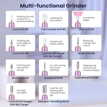 Електрична машинка для манікюру Nagelfräser 11 в 1 з регулюванням швидкості 20000 об/хв для гель-лаку, акрилу та апаратної манікюру (фіолетовий)