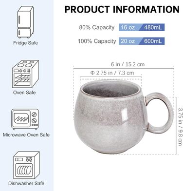 Set of 4 porcelain cups, 600mL coffee cup set for 4 people, modern style, breakfast mugs, exquisite tableware set, suitable for dishwashers, light grey
