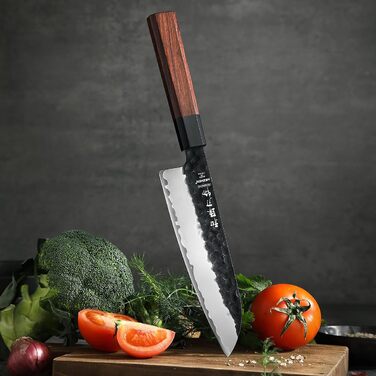 Японський ніж Santoku 18,5 см Hezhen, кухонний, з кованого сталі, з дерев'яною ручкою