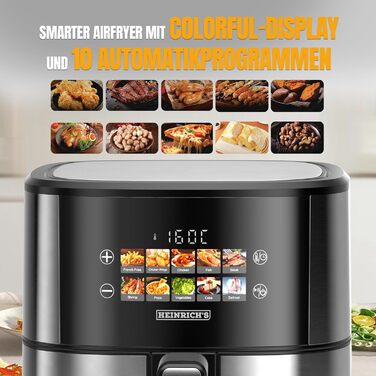 Фритюрниця повітряна HEINRICHS 9 літрів XXL з LED-дисплеєм, 10-в-1, 1800W, для здорового харчування, з таймером