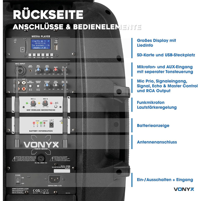 Vonyx Verve46 – портативна акустична система з мікрофонами, 1000 Вт, Bluetooth, MP3, для вечірок та PA-системи, чорний