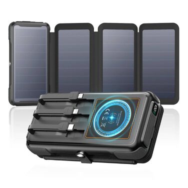 Портативний зарядний акумулятор A ADDTOP Solar 25000mAh з сонячною панеллю та 3 кабелями - 20W швидка зарядка, USB-C, для кемпінгу та подорожей (Чорний)