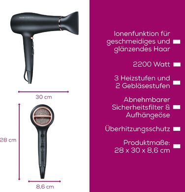 Фен Beurer HC 50 Ionen 2200 Вт з іонізацією, насадка для укладки та дифузор для об'єму